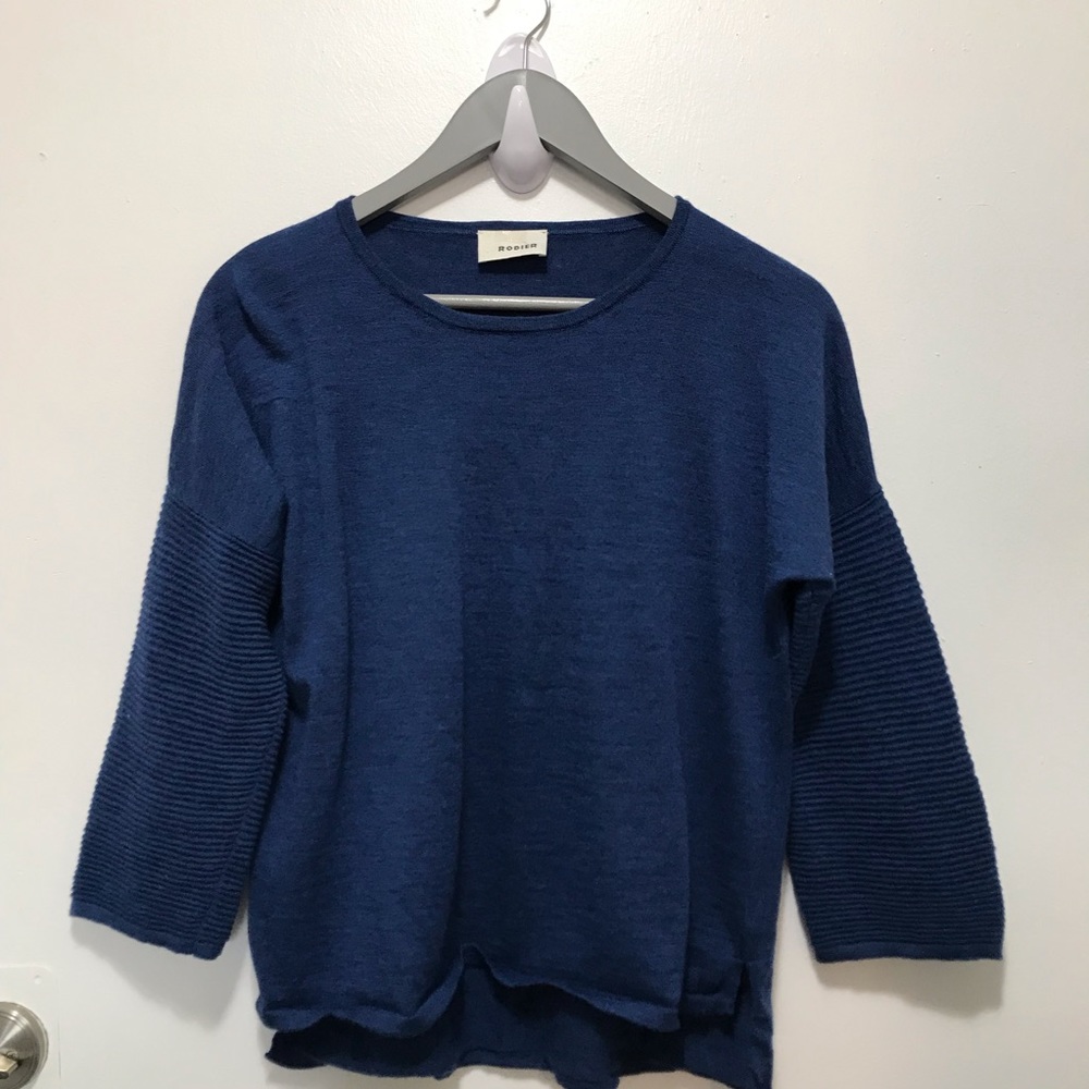 Rodier 100% wool navy blue ribbed sleeve top size 38